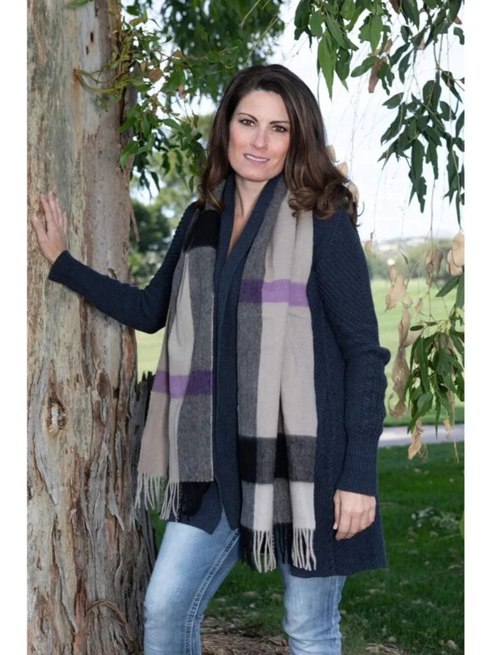 Women's Sepia Wide Plaid Virgin Wool Warm Soft Luxurious Imported Scarf